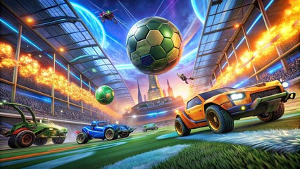 Wall Mural - Highly detailed digital artwork of Rocket League gameplay with realistic visuals