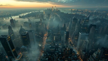 Aerial view of a sprawling urban skyline at dawn, with misty morning light casting a soft glow over the skyscrapers and cityscape below