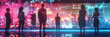 © jex - A group of business people standing in front of an abstract digital cityscape, with glowing data streams and financial charts floating around them i the style of dark skyblue and light black.