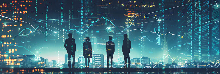 Wall Mural - A group of business people standing in front of an abstract digital cityscape, with glowing data streams and financial charts floating around them i the style of dark skyblue and light black.