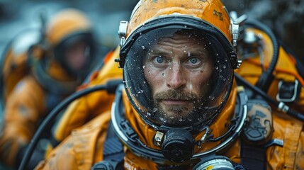 An astronaut in a vivid orange suit looking intensely in survival mode