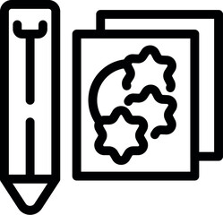 Sticker - Vector icon illustrating design tools with a pencil and paper featuring gear and star shapes