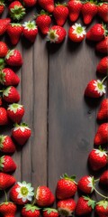 Poster - Fresh strawberry fruits on wooden table. Top view, copy space