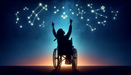 Silhouette of a child in a wheelchair reaching up towards a night sky filled with stars, with constellations representing different disabilities. Children with special needs