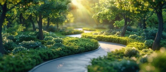 Aerial view of paved road passing through green trees and bushes on a sunny day