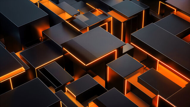  Design abstrato futurista com cubos geométricos e iluminação brilhante em preto e laranja