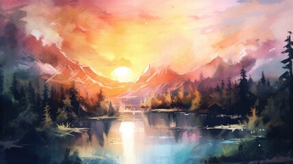 Wall Mural - Impressionist digital painting of a fiery sunset over a tranquil lake and forest. Twilight sky sunset time with beautiful lake. Nature and art concept for wall art and digital backgrounds. AIG35.