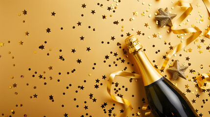 Champagne bottle with confetti stars, holiday decoration and party streamers on gold festive background. Christmas, birthday or wedding concept. Flat lay.