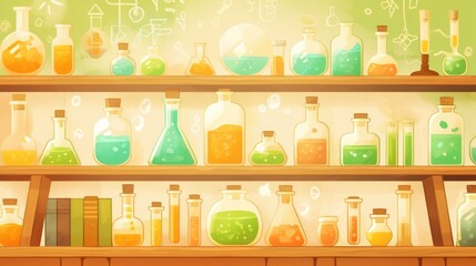 Wall Mural - glass containers holding laboratory chemicals are displayed on a wooden shelf showcasing a variety t