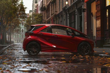 Poster - Electric SUV on a cobblestone street in a historic district, blending modern design with traditional architecture