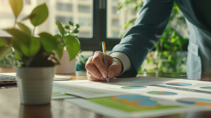 Detailed shot of a businessman's hand marking key ESG points on a paper chart, in an environmentally conscious workspace