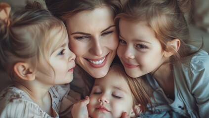 Smiling Mother with Two Daughters in a Loving Embrace