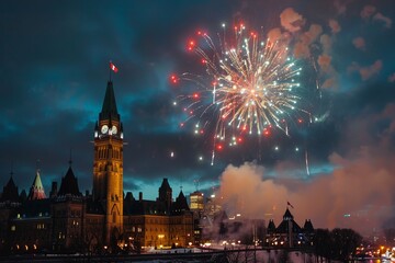 Wall Mural - Canadian Parliament Hill in Ottawa, showcasing its details and architecture up close, with colorful fireworks behind it