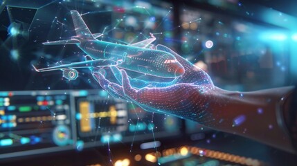 Wall Mural - a hologram of a plane hovering above an air traffic control operators hand as they make adjustments 