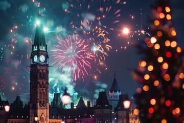 Wall Mural - Parliament Hill in Ottawa on Canada Day, showcasing its details and architecture up close, with colorful fireworks