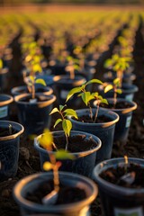 Wall Mural - reforestation set of young trees trunks in pots, afforestation set of green plants in flowerpots, gardening and botany concept