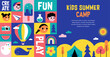 © Marina Zlochin - Kids Summer Camp concept design. Geometrical style colorful illustrations, icons. Banner, flyer, poster and social media template