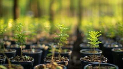 Wall Mural - reforestation set of young trees trunks in pots, afforestation set of green plants in flowerpots, gardening and botany concept