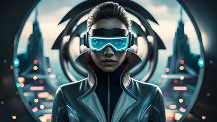 Canvas Print - A woman in futuristic goggles and jacket with a circular background, AI