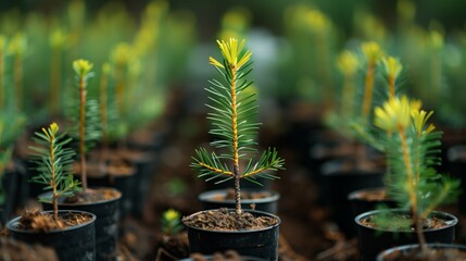 Wall Mural - reforestation set of young trees trunks in pots, afforestation set of green plants in flowerpots, gardening and botany concept