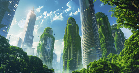 Wall Mural - futuristic eco green city with skyscrapers buildings and gardens, future sustainable architecture, harmony of human and nature