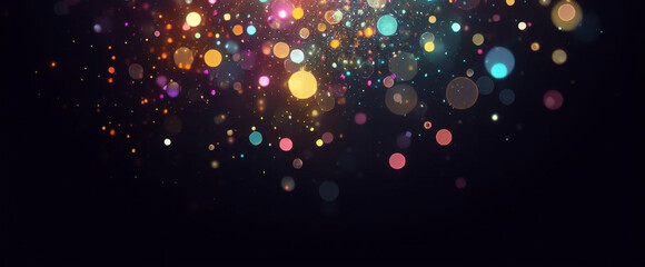 multicolor bokeh, raining light, blurry lights, blurry background, rainbow confettis on a black back