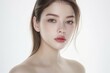 © QuietWord - close up face portrait of young pretty Asian woman with bright flawless skin, beauty cosmetic or skincare fashion portrait with copy space