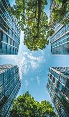 Wall Mural - look up perspective of green trees and plants by modern glass skyscraper office building, nature and contemporary architecture, balance and harmony of environment and human, sustainable ecosystem