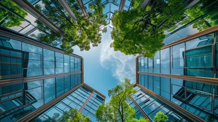 Wall Mural - look up perspective of green trees and plants by modern glass skyscraper office building, nature and contemporary architecture, balance and harmony of environment and human, sustainable ecosystem