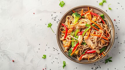 Wall Mural - Japanese buckwheat noodles Yakisoba with chicken and vegetables on a light background. Generative Ai