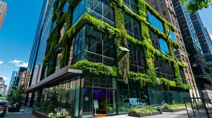 Wall Mural - green plants and garden on modern glass skyscraper office building, nature and contemporary architecture, balance and harmony of environment and human, sustainability of ecosystem