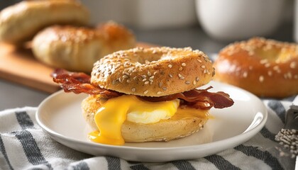 Wall Mural - Bacon egg cheese on a bagel on a white plate in a kitchen