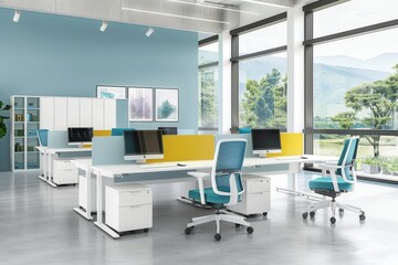 Wall Mural - bright, colorful office with blue accents and large windows, providing a vibrant and energetic works