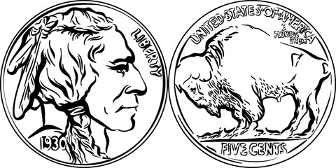 american money, buffalo nickel 5 cent coin, obverse with indian head, reverse with american bison