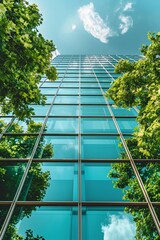 Wall Mural - green trees and plants by modern glass skyscraper office building, nature and contemporary architecture, balance and harmony of environment and human, sustainability of ecosystem