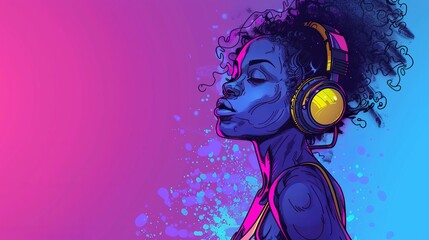 African-American woman enjoying music with vibrant headphones