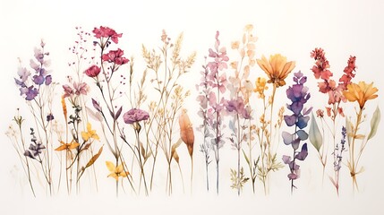 Wall Mural - A mixed media artwork integrating real dried flowers with watercolor.