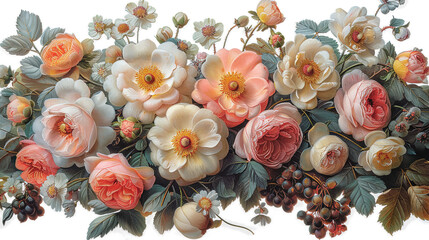 Vintage wallpaper with garland of wild roses and wild grapes on white background.