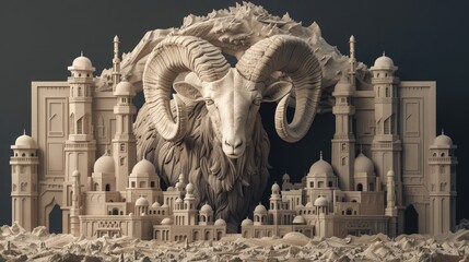 Wall Mural - 3D illustration of A huge ram with large horns stands on the ground, there is an ancient arabic city in front of it made from beige paper, dark background, cute and dreamy, muted color tone
