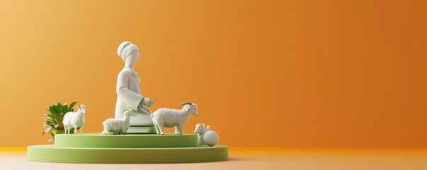 Poster - 3d render of cute muslim man with sheep and goat on green podium platform, orange background with copy space for text, solid color