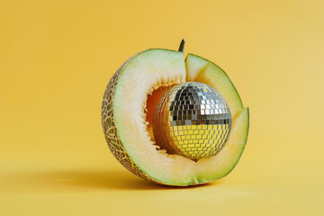 creative concept of a melon with a disco ball inside on a vibrant background