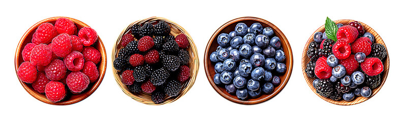 Raspberries, blackberries, blueberries, and a mix of berries in bowls.