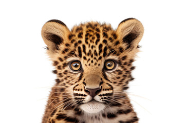 Leopard baby portrait. Young leopard close-up portrait on white isolated background. Generative AI illustration