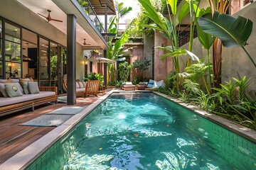 A swimming pool with clear blue water, surrounded by lush green plants and a comfortable lounge area. Outdoor setting, sunny weather.