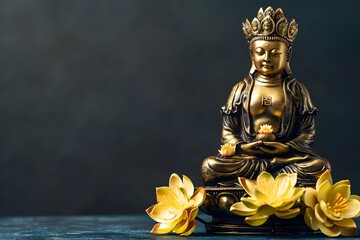 Gold Buddha statue and yellow lotus flowers on empty dark background with copy space, yoga, meditation and relaxation time