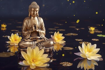 Gold Buddha statue and yellow lotus flowers on empty dark background with copy space, yoga, meditation and relaxation time