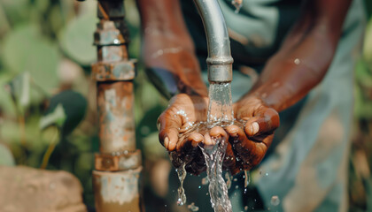 close-up of an african child's hands under a stream of water.