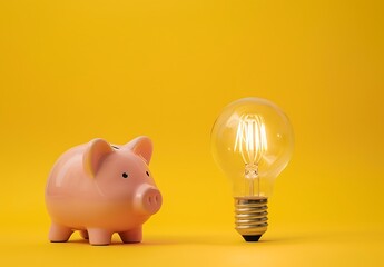 Piggy bank next to lit light bulb on pink background. Concept of electricity price, crisis, money, saving and power energy - Generative AI