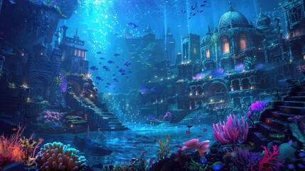 Wall Mural - An underwater city with bioluminescent coral, schools of colorful fish, and ancient ruins, all illuminated by the eerie glow of an underwater volcano