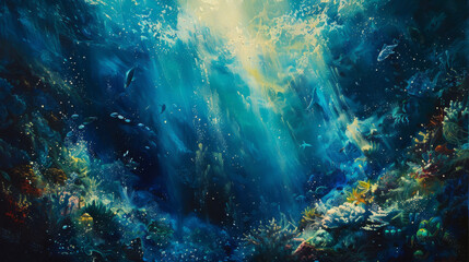 Wall Mural - A painting of a blue ocean with fish swimming in it